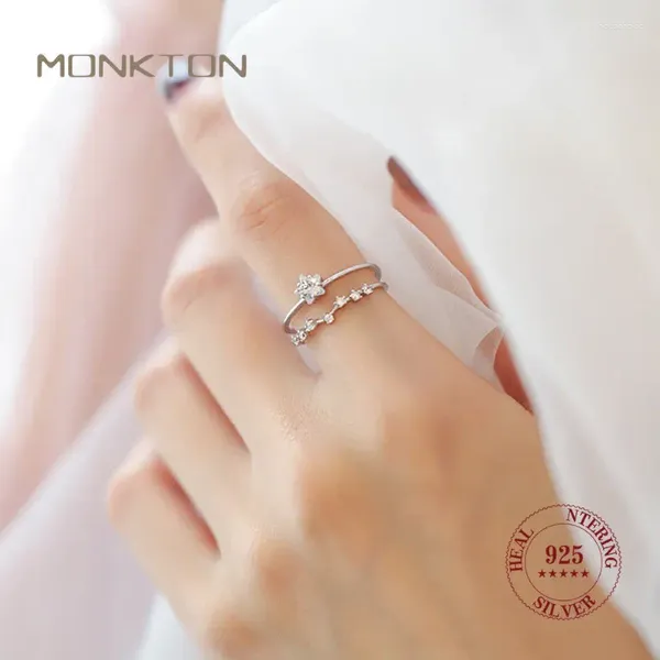 Cluster-Ringe Monkton 925 Sterling Silber Stern Doppelschicht-Ring Koreanischer Diamant-verkrusteter verstellbarer offener Finger für Frauen Edlen Schmuck