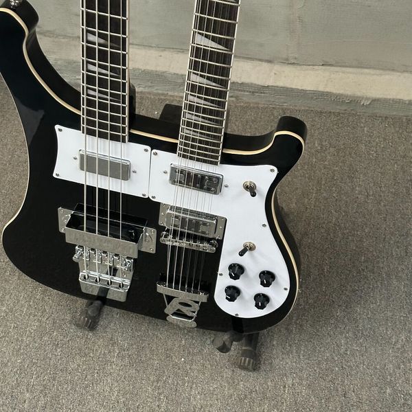 Nuova chitarra elettrica a doppio manico 12+4v corpo solido nero cromato H - dimensione 4/4, livello professionale, tastiera in palissandro, personalizzabile