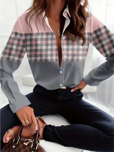 Frauen Blusen Mode Shirts Rosa Und Grau Patchwork Kariertes Hemd 2024 Frühling Sommer Plus Größe Weibliche Kleidung Bluse Tops