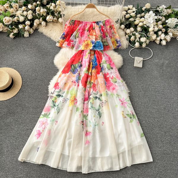 Vestidos casuais 2024 verão fora do ombro lindo flor férias chiffon vestido fluido mulheres arco cinto elástico cintura floral impressão longo robe