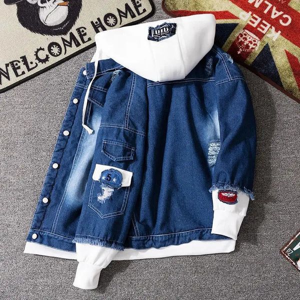 Vintage Denim Jacke Frau Frühling Herbst Mantel Zerrissene Kapuze Oberbekleidung Windjacke Basic Mäntel Freund Weibliche Jeans Jacke 240301