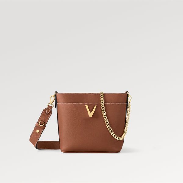 Explosion Feminino Lock and Walk M24165 Cognac Brown Couro de bezerro granulado Bolso externo trancado Bolso plano interno bolsa balde moderna com trava giratória alça de corrente dourada