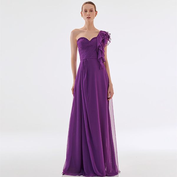 Eleganti abiti da ballo viola lunghi monospalla con volant a-line in chiffon con cerniera sul retro pieghettati abiti da sera lunghi fino al pavimento per le donne