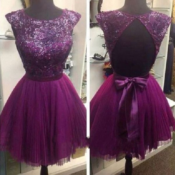 Charmoso sexy uma linha curto roxo vestidos de baile sem mangas tripulação cortar volta sheer bling lantejoulas vestido de dama de honra chiffon noite go208r