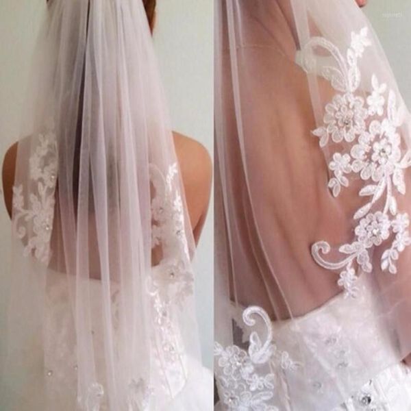 Véus nupciais branco marfim em estoque curto uma camada comprimento da ponta do dedo strass apliques véu de casamento com pente269b
