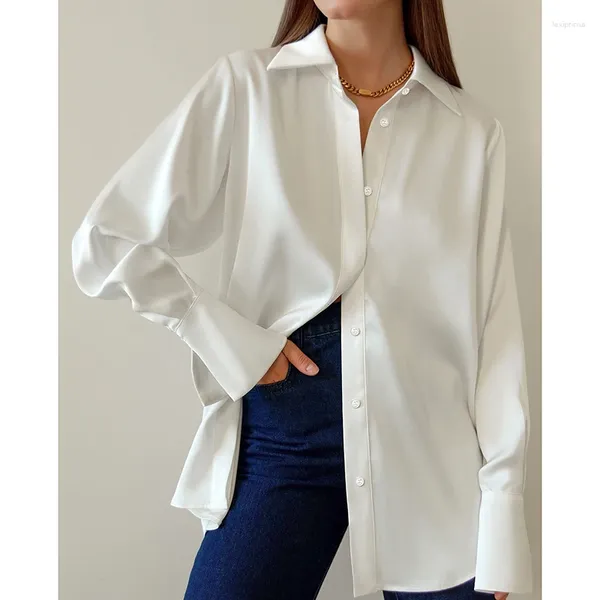 Camicette da donna Moda Allentata Camicetta di raso da donna Office Lady Camicia bianca di seta a maniche lunghe Donna Autunno Casual Top Donna Elegante Blusas