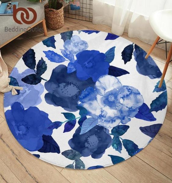 Beddingoutlet flores quarto tapetes aquarela arte área redonda tapete para sala de estar folha piso azul macio jogar esteira 150cm52450618630643