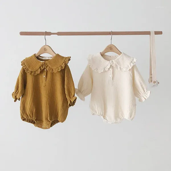 Strampler 2024 Koreanische Frühling Herbst Baby Mädchen Overall Baumwolle Solide Rüschen Peter Pan Kragen Strampler Taste Langarm Kinder Mädchen Outfits