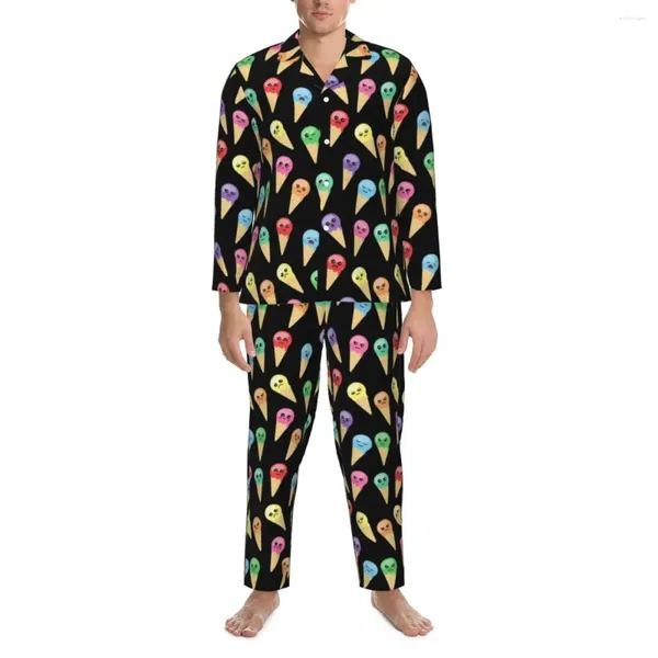 Homens sleepwear muitos sorvetes loucos pijama conjunto dos desenhos animados romântico homens manga longa casual lazer 2 peças nightwear tamanho grande 2xl