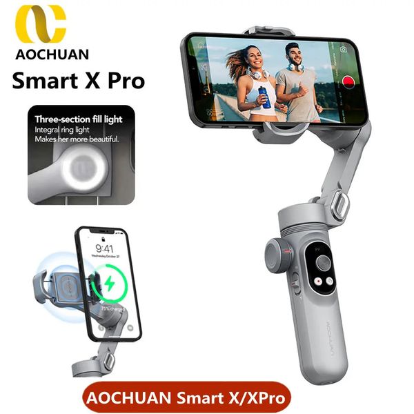 AOCHUAN Smart X Pro 3 assi stabilizzatore cardanico portatile pieghevole luce di riempimento ricarica wireless per fotocamera d'azione del telefono 240229