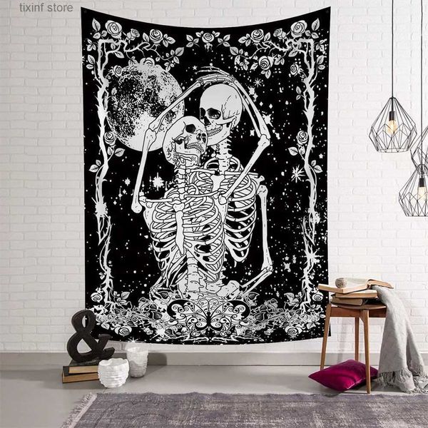 Tapeçarias Lua Céu Estrelado Flor Abraço Crânio Tapeçaria Preto Bruxaria Pendurado Na Parede Pano Tapete Tapeçarias Hippie Teto Quarto Decoração de Casa T240309