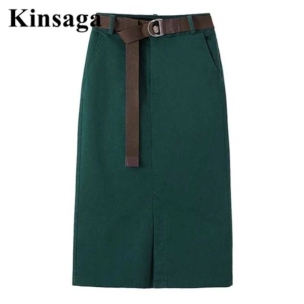 Saia mulher verde escuro saias midi retas com cinto 4xl Spring outono