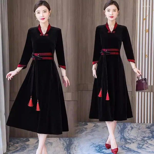 Vestidos casuais design estilo chinês vestido 2024 primavera mãe retro pan fivela cintura alta rendas até uma linha hanfu roupas elegantes z4859