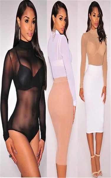 Transparente Sexy Intimates Malha Bodysuit 5 Cores Macacão de Manga Longa Women039s One Sheer Collant Peça Cueca Teddy 3pcs4793589