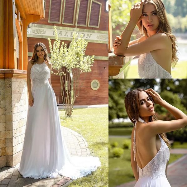 Abiti senza schienale sexy Cappuochi Halter Napple Chiffon Sweep Train perline su misura da sposa da sposa a spiaggia su misura Vestitido de novi yd