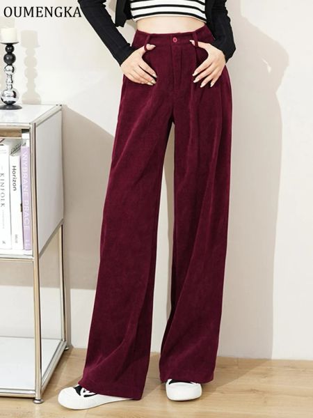 Capris Moda a vita alta Donna Pantaloni di velluto a coste retrò Autunno Gamba larga Pantaloni larghi causali Tasche vino rosso vintage Pantaloni sportivi tutti abbinati