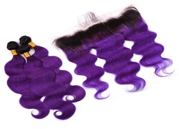 1BPurple Ombre Peruano Cabelo Humano Tece com Onda Corporal Frontal Ombre Roxo Cabelo Humano 3 Pacotes com 13x4 Lace Frontal Closure1022447