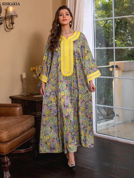 Roupas étnicas Eid Vestido para Mulher Vintage Impressão Abaya Dubai Turquia Muçulmano Hijab Moda Diamantes Modest Party Vestidos Ramadan 2024