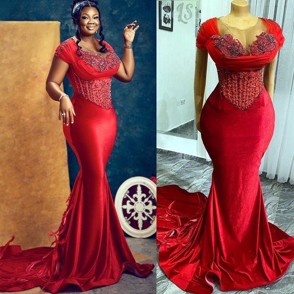 2024 Aso Ebi Red Mermaid Prom Dress Frisado Cristais Cetim Noite Formal Festa Segunda Recepção 50º Aniversário Vestidos de Noivado Vestidos Robe De Soiree ZJ131