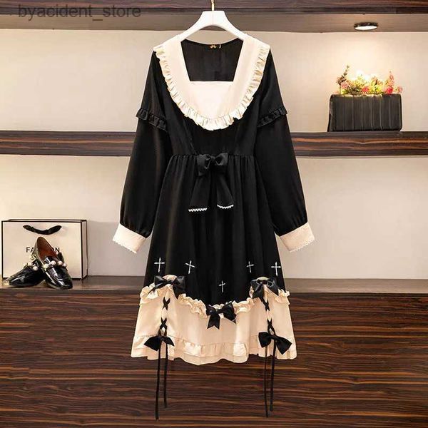 Vestidos sexy urbanos 150kg plus size mulheres busto 150 primavera outono novo pescoço quadrado manga longa estilo lolita vestido costurado preto 5xl 6xl 7xl 8xl 9xl l240309