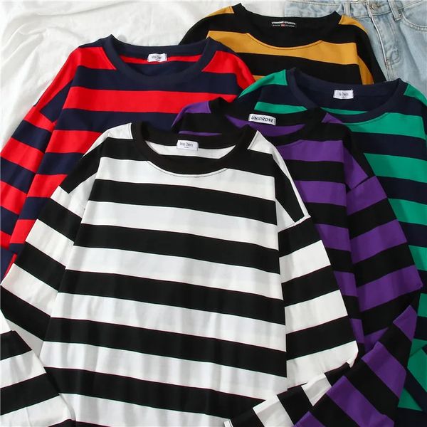 5 цветов, хлопковые топы в фиолетовую полоску, приталенная футболка в стиле Харадзюку, летняя футболка с длинными рукавами в Корейском стиле, Feminina, большие размеры 240223
