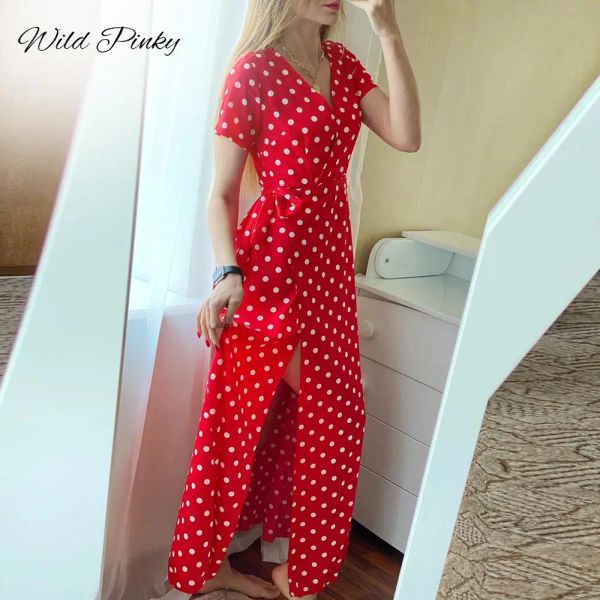 Платье WildPinky Boho Длинные платья в горошек Женское летнее повседневное платье с разрезом и коротким рукавом 2022 Уличная одежда Черное платье макси Vestidos