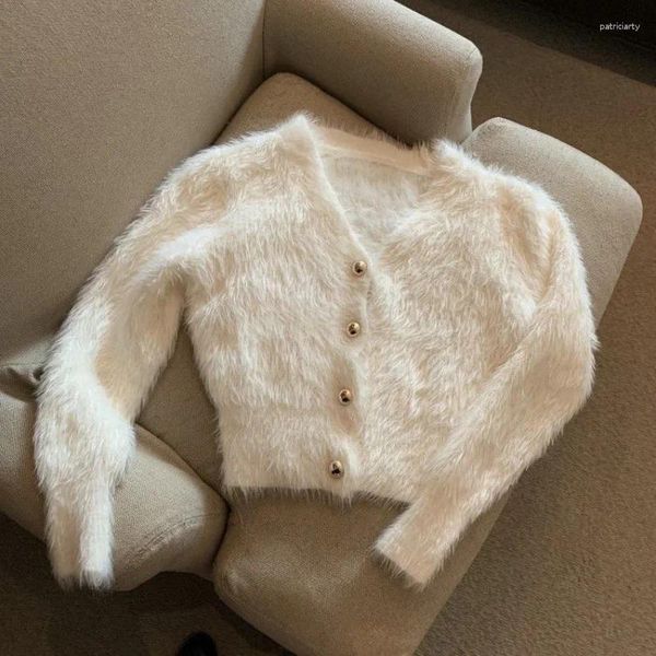 Cardigan lavorato a maglia in mohair bianco corto con scollo a V lavorato a maglia da donna Maglioni oversize pigri casual retrò per le donne Giacca in pelliccia solida