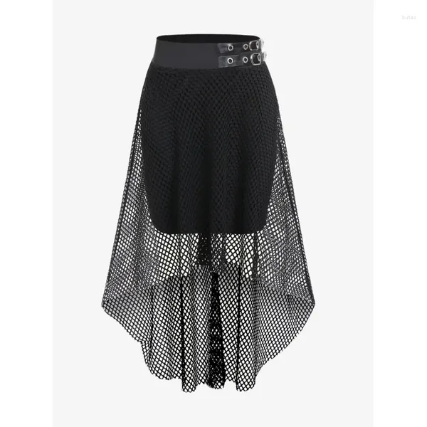 Saias Rosegal Plus Size Gótico Fishnet Overlay Grommets Fivela Alta Baixa Saia Senhoras Streetwear Bottoms Preto Cintura Elástica Midi