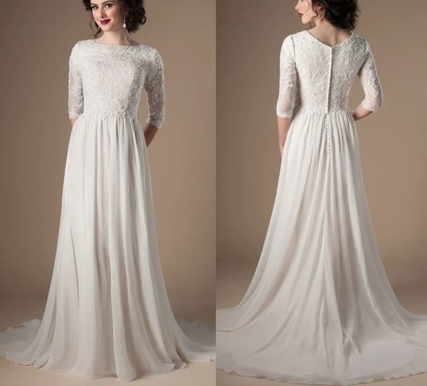 Bescheidene Brautkleider in Elfenbein und Champagner mit 3/4-Ärmeln, perlenbesetzte Spitze, A-Linie, Chiffon, Boho, informelles Brautkleid, religiöses LDS-Hochzeitskleid YD