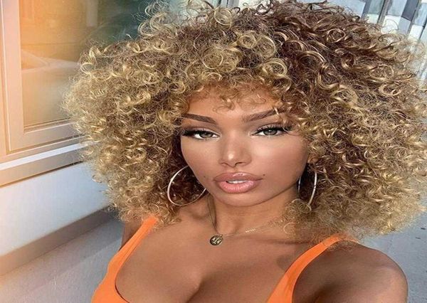 14 Zoll kurze gemischte braune und blonde synthetische Perücken Afro verworrene lockige Perücke Schwarz Rot Grau Rosa Hitzebeständiges Haar3311071