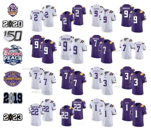 LSU Camisa de futebol personalizada NCAA College Joe Burrow Burreaux Odell Beckham Jr. Justin Jefferson Tryann Mathieu Leonard Fournette Ja'Marr Chase Tamanho S-4XL