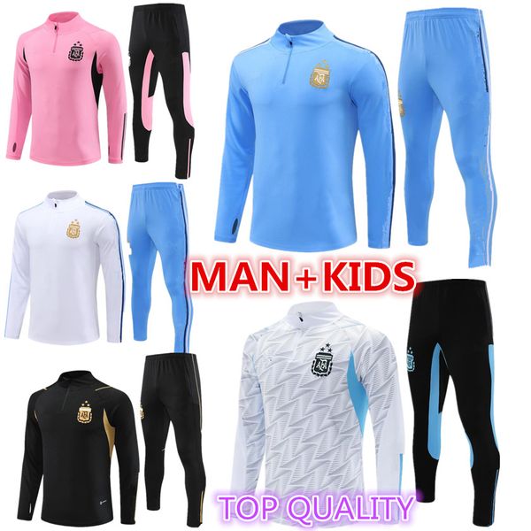 3 Estrelas Argentina Adulto Tracksuit Futebol Jerseys 2023 2024 Home Away Jaqueta Camisas de Futebol Messis Di Maria Dybala De Paul Maradona 23 24 25 Homens Crianças Treinamento Terno