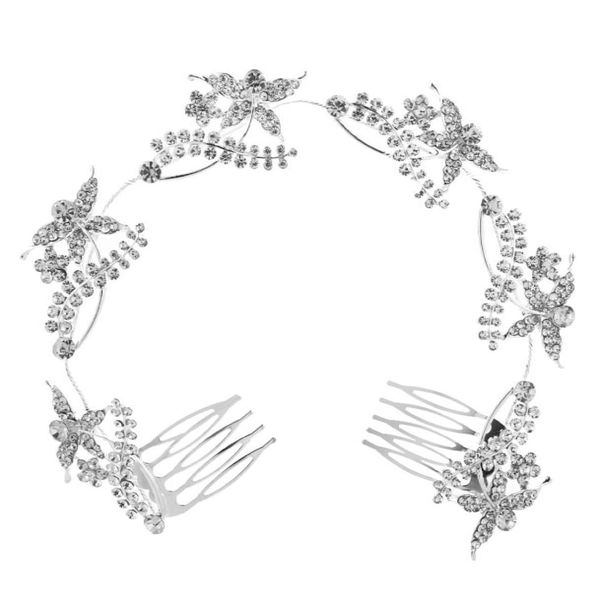 Feis Spose romantiche ornamento per capelli lunghi pieno di fiori di diamanti libellule pettine per capelli in lega d'argento accessorio da sposa2509336