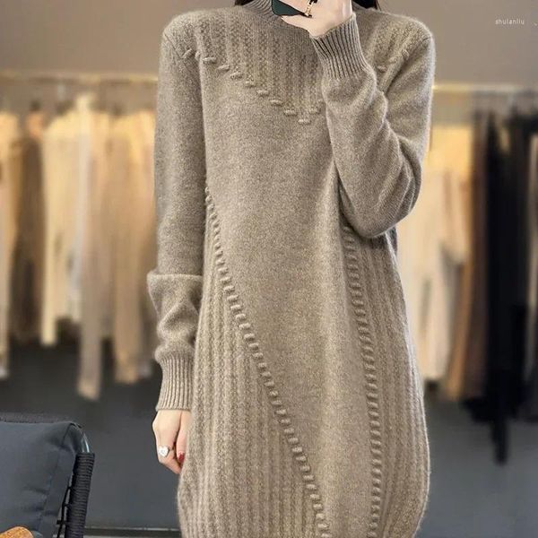 Lässige Kleider High-End-modische Strickpullover aus reiner Wolle mit halbem Stehkragen Damenpullover Herbst und Winter lang