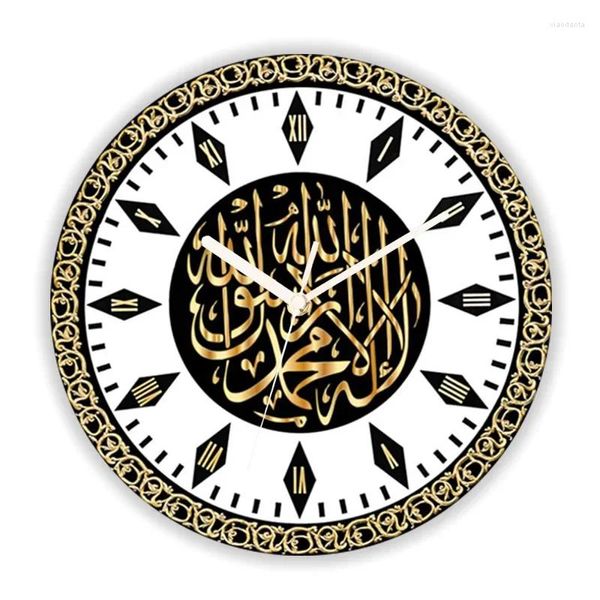 Relógios de parede elegante islâmico muçulmano shahada caligrafia dourada relógio para sala estar cozinha árabe ramadan relógio decoração casa presente