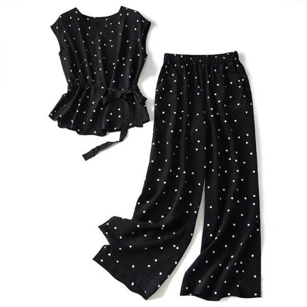 Capris Damenanzug 2022 Vintage Casual Chiffon Lace Up Ärmelloses Top Polka Dot Hohe Taille Breites Bein Damen Hosen Set Frau 2 Stück