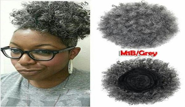 Curto bonito cordão rabo de cavalo cabelo humano prata cinza rabo de cavalo cinza encaracolado afro puff rabo de cavalo clipe em prata cinza 10 polegadas3214577