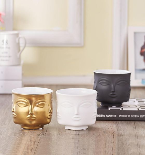 Vaso de cerâmica com designs em formato de rosto, vaso de flores de porcelana, acessórios de decoração para casa, plantadores, dourado, preto e branco, ferramentas cj1912265115872