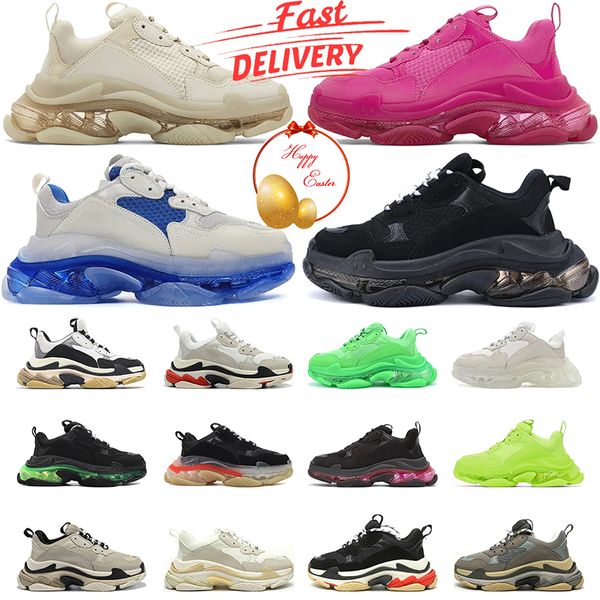 2024 Designer Sapatos Triple S Homens Mulheres Plataforma Sneakers Clear Sole Preto Branco Cinza Rosa Azul Royal Neon Verde Mens Treinadores Tênis Sapatos Casuais