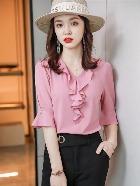 Camisas blusa feminina verão 2022 manga curta chiffon blusas mulher senhora do escritório camisa plus size rosa vermelho plissado senhoras topos blusas