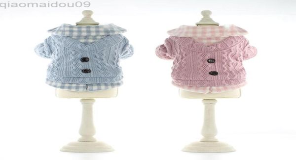 Falso duas peças xadrez design suéteres quentes para cães outono e inverno roupas para cães com botão roupa para cães rosa azul l2208101413892