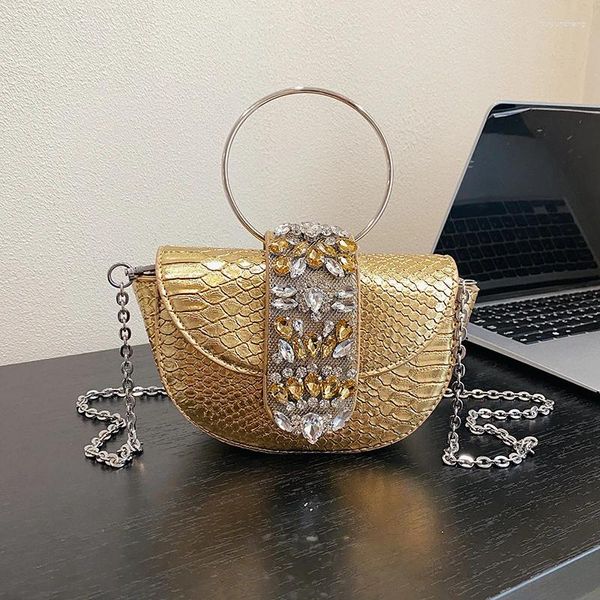 Borse da sera Diamante lucido da donna Anello Manico rotondo Pochette in argento dorato Borsa a tracolla con motivo coccodrillo