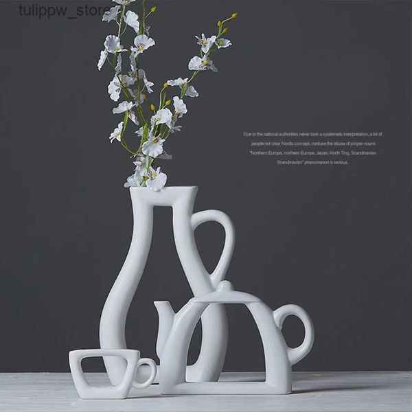 Vasen Mode modernen Stil weiße Keramik Tischplatte Blume Hochzeit dekorative Vase 3 Größen Home Dekoration Zubehör Teekanne Vase L240309