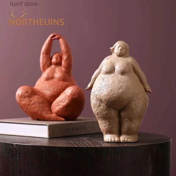 Estatuetas de objetos decorativos NORTEUINS Resina Fat Lady Estátuas de personagens modernos Estatuetas de personagens para interiores Figuras decorativas de ioga Escultura Decoração de casa Loft Presente T24