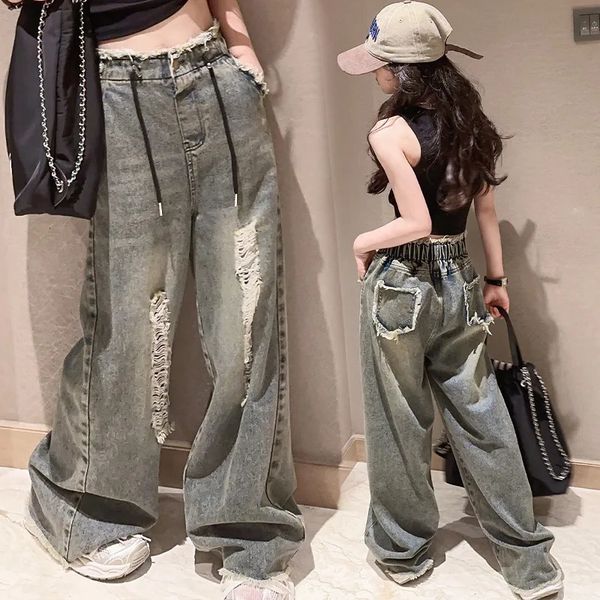 Ragazze adolescenti Jeans strappati Autunno Fasion Pantaloni larghi casual a gamba larga per bambini Pantaloni dritti elastici in vita per bambini 240228