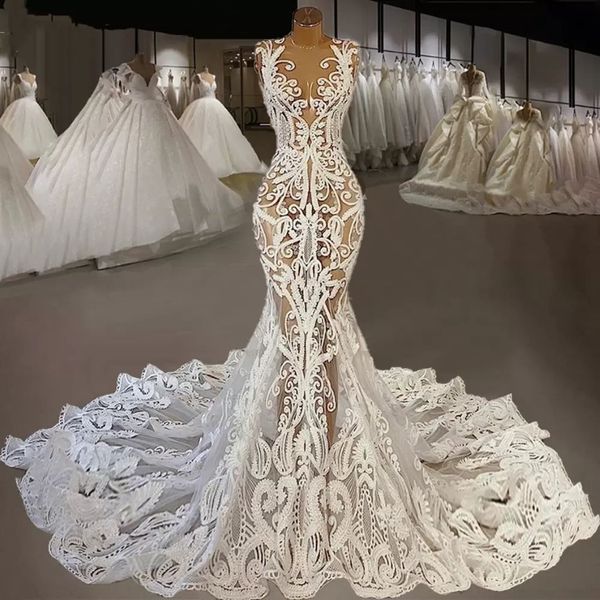 Sexy 2022 rendas sereia vestidos de casamento vestidos de noiva jóia pescoço appliqued país vestidos de novia b0322272n