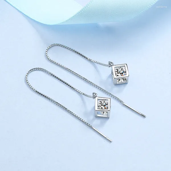Dangle Brincos 925 Sterling Silver Cube Zircon Drop Ear Threads Long Tassel para Mulheres Presente de Noivado