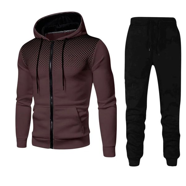 Primavera moda ponto de onda streetwear zíper hoodies sweatpant 2 pçs conjunto masculino treino casual jogging terno ao ar livre 240305
