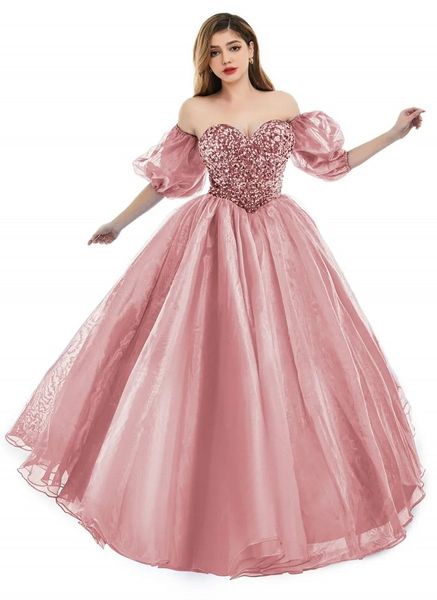 2024 New Pink Paillettes Prom Quinceanera Dress Sweetheart maniche a sbuffo Corsetto Indietro Ragazza da sera Abiti da festa di compleanno Robe De Soiree