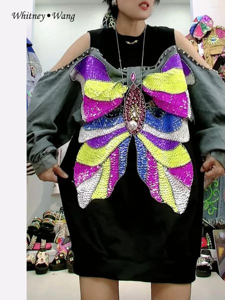 Sıradan Elbiseler Whitney Wang Designer Style 2024 Sonbahar Moda Sokak Giyim Sekonları Boncuk Kelebek Boş Out Out Omuz Elbise Kadınlar